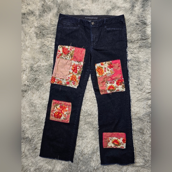 Unique Artsy Upcycled Banana Republic Floral Patchwork Trouser Jeans - Picture 2 of 13